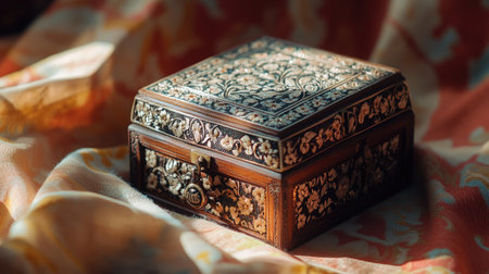 A beautifully crafted wooden decorative box featuring intricate floral designs, resting elegantly on a silk fabric backdrop, showcasing artful craftsmanship and vintage charm.の素材