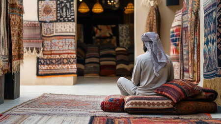 Explore the vibrant atmosphere of a traditional market showcasing exquisite rugs and textiles that reflect rich cultural heritage and artistry.の素材