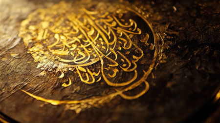 Captivating close-up of intricate golden Arabic calligraphy on a textured surface, showcasing artistic detail and cultural significance, perfect for various design projects.の素材