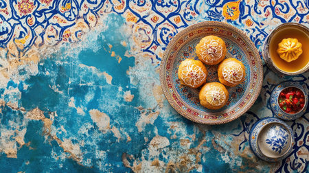 A beautiful display of colorful traditional desserts on a decorative table, showcasing vibrant colors and intricate patterns, perfect for festive occasions.の素材