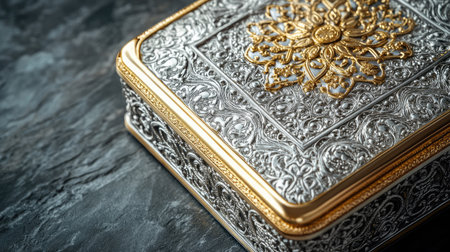 An elegant metallic box featuring intricate patterns and a luxurious gold finish. Perfect for decorative purposes or as a unique gift item.の素材