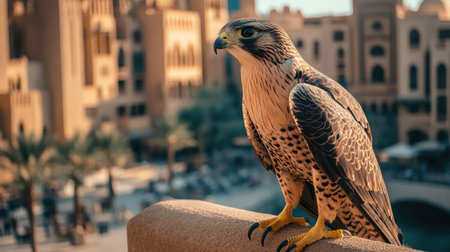 A stunning falcon stands majestically on a ledge against an urban backdrop, showcasing its intricate feathers and sharp gaze, embodying nature's elegance in the city.の素材