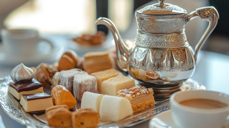 A beautifully arranged silver tea service featuring a selection of gourmet pastries and desserts. Ideal for afternoon gatherings or special occasions.の素材