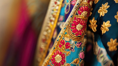This image showcases a close-up view of a vibrant embroidered fabric, featuring intricate designs and rich colors, highlighting traditional craftsmanship and artistry.の素材
