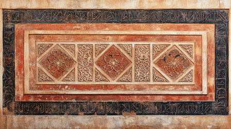 Explore the beauty of this intricate wall relief featuring floral designs and historical textures. A stunning representation of artistic heritage and elegance.の素材