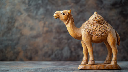 A beautifully carved wooden camel figurine showcasing intricate details, perfect for home decor or as a unique gift. Captured against a rustic background.の素材