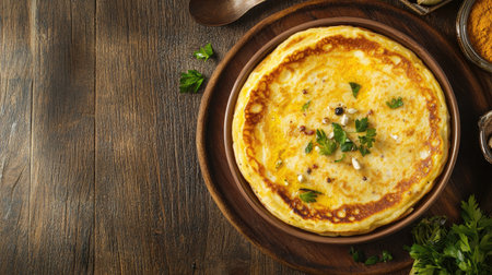 A beautifully plated golden pancake topped with fresh herbs, showcasing a rustic wooden table setting. Perfect for breakfast or brunch.の素材