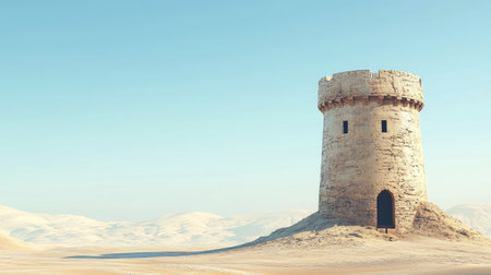 Explore the serenity of a solitary tower standing proudly in a vast sandy desert landscape, surrounded by gentle rolling hills and a clear blue sky.の素材