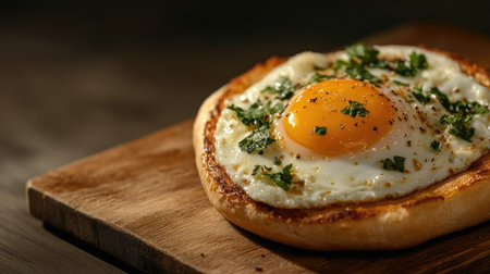 A perfectly fried egg sits atop a slice of toasted bread, garnished with fresh herbs. Ideal for breakfast or brunch, this dish offers rich flavors and delightful presentation.の素材