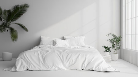A serene minimalist bedroom featuring a soft white bed, natural light, and greenery, perfect for creating a tranquil and inviting atmosphere.の素材