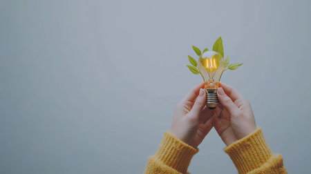 This image features hands holding a creative light bulb surrounded by fresh leaves, symbolizing a blend of innovation and nature, perfect for eco-friendly concepts.の素材