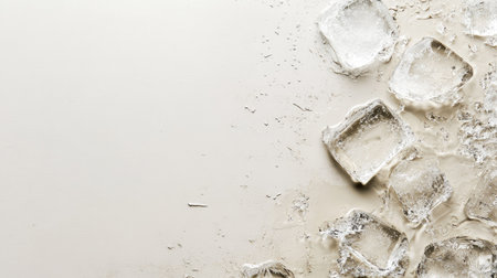 Aesthetic view of clear ice cubes scattered on a light surface. The melting ice provides a refreshing feel, ideal for beverage presentations and culinary designs.の素材