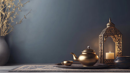 This enchanting still life features a golden teapot, illuminated lantern, and delicate flowers against a serene backdrop, perfect for creating a cozy ambiance.の素材