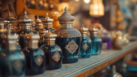 A stunning array of elegant perfume bottles displayed on a market stall, showcasing intricate designs and vivid colors, perfect for luxury and beauty themes.の素材