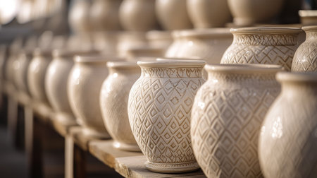 This image showcases a collection of elegant white ceramic vases, featuring intricate patterns and textures, perfect for highlighting craftsmanship in art.の素材