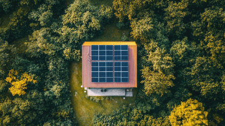A stunning aerial view of a modern house featuring solar panels on the roof, surrounded by lush green trees, showcasing sustainable living and eco-friendly energy solutions.の素材