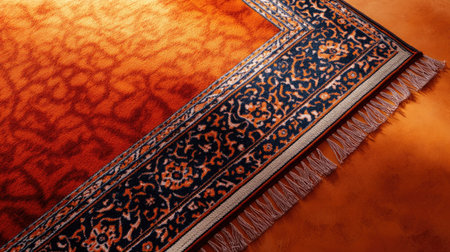 This vibrant orange carpet features a decorative border, showcasing intricate patterns and a soft texture, perfect for enhancing any interior space.の素材