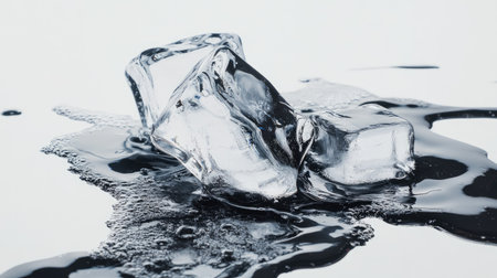 This image features crystal clear ice cubes resting on a glossy surface, with droplets of water accentuating their freshness and allure. Perfect for beverage themes.の素材