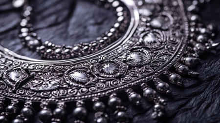 A close-up view of an intricate silver necklace showcasing detailed embellishments, perfect for highlighting traditional craftsmanship and artistic design.の素材