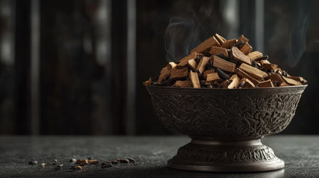 A beautiful arrangement of aromatic wood chips in an antique bowl, exuding a warm and inviting ambiance perfect for culinary and decorative use.の素材