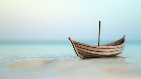 A beautifully crafted wooden boat sits peacefully on a calm water surface, creating a tranquil and serene atmosphere perfect for art and design enthusiasts.の素材