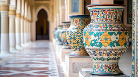 Vibrant display of colorful pottery within an ornate architectural setting, showcasing intricate designs and craftsmanship against a stunning backdrop.の素材