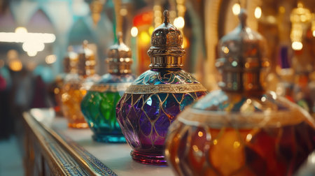 Beautifully crafted glass bottles in an array of vibrant colors displayed decoratively. Ideal for showcasing traditional craftsmanship and artistic design elements.の素材
