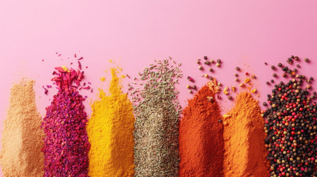 A vibrant array of colorful spices and herbs arranged on a pink background, perfect for culinary themes, food photography, and wellness concepts.の素材