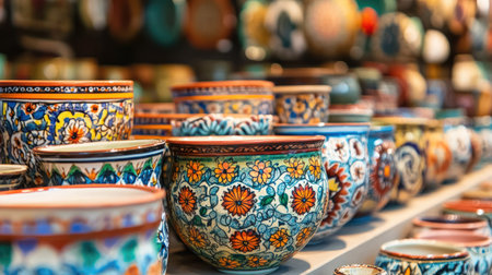 A vibrant collection of decorative ceramic pots showcasing intricate patterns and colors, perfect for adding a cultural touch to any space.の素材