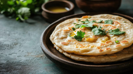 This image features freshly made flatbread garnished with herbs on a rustic plate. Perfect for showcasing culinary delights or traditional meals.の素材