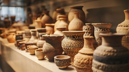 A beautiful arrangement of ancient pottery artifacts showcasing unique designs and craftsmanship. Ideal for cultural and historical themes in art.の素材