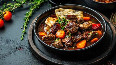 A delicious bowl of hearty beef stew featuring tender beef chunks, fresh vegetables, and aromatic herbs, perfect for a comforting meal.の素材