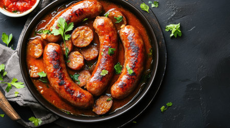A vibrant dish of grilled sausages served with a rich sauce and garnished with fresh herbs on a dark background, perfect for enticing food lovers.の素材