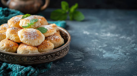 A beautiful arrangement of freshly baked cookies on a decorative plate, garnished with mint leaves. Perfect for showcasing homemade delight and sweet treats.の素材