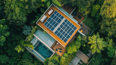 Aerial view of a modern home featuring solar panels, surrounded by lush greenery and a serene pool area, showcasing sustainable architecture and design.の素材