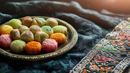 A beautiful arrangement of colorful traditional sweets displayed on a decorative plate, showcasing vibrant colors and intricate details. Perfect for festive occasions.の素材