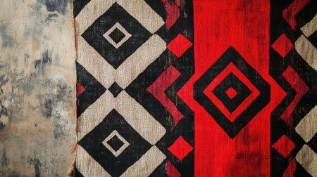 Vibrant textile design featuring intricate geometric patterns in red and black. A perfect blend of traditional and modern elements for creative projects.の素材