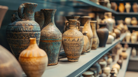 A captivating display of ancient pottery artifacts in a museum, showcasing various shapes, textures, and colors that reflect rich history and craftsmanship.の素材