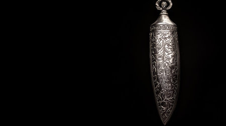 This striking silver dagger features intricate craftsmanship and an ornate design, set against a dark background, perfect for various artistic and historical themes.の素材