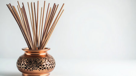 This image showcases an elegant copper incense holder filled with incense sticks, creating a serene and calming atmosphere perfect for relaxation and meditation.の素材