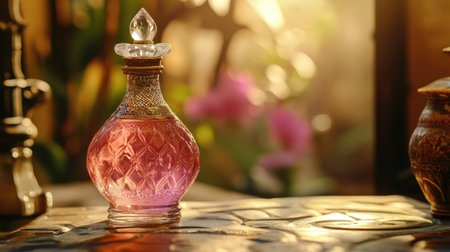 An elegant perfume bottle filled with pink liquid, beautifully illuminated by soft light, creating a dreamy and romantic atmosphere for any artistic project.の素材