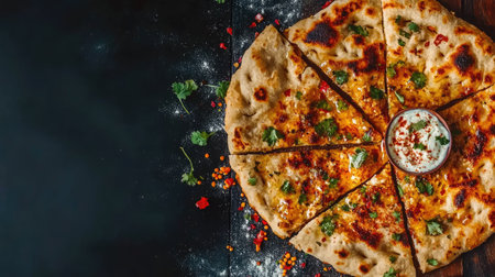 A freshly baked pizza topped with vibrant ingredients and served with a flavorful dipping sauce, perfect for any occasion. Ideal for culinary photography.の素材