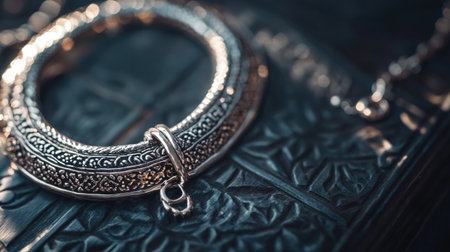 A closeup of an elegant silver bracelet showcasing intricate designs on a decorative surface, highlighting vintage craftsmanship and beauty.の素材