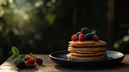 A delectable stack of pancakes topped with fresh berries and syrup, beautifully presented on a dark plate. Ideal for breakfast or brunch settings.の素材