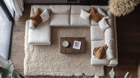 A stylish modern living room featuring a cozy sectional sofa, neutral pillows, and a wooden coffee table. Ideal for showcasing contemporary home decor.の素材