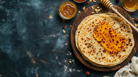 A delightful flatbread topped with honey and nuts, beautifully presented on a wooden plate. Perfect for showcasing homemade culinary delights.の素材