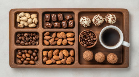 A beautifully arranged wooden tray featuring assorted nuts, chocolates, and a cup of coffee, perfect for snacks or dessert moments in a cozy setting.の素材
