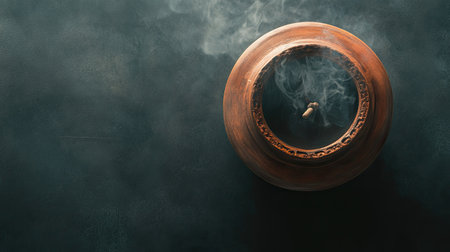 A serene image of a decorative vessel releasing gentle smoke, creating an atmosphere of tranquility and warmth. Perfect for art and decor themes.の素材