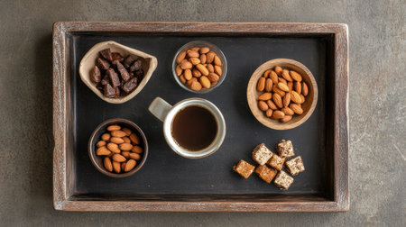 Enjoy a beautifully arranged tray featuring a variety of almonds, sweets, and a cup of coffee, perfect for casual gatherings or snack breaks.の素材