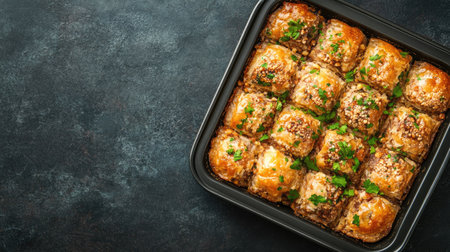 A beautifully baked tray of baklava, showcasing golden layers, nuts, and syrup. Perfect for dessert tables and festive occasions. Tasty and indulgent!の素材